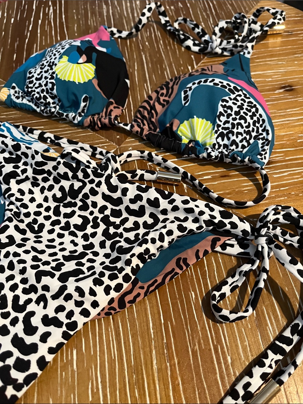 Red Carter Reversible Multi Print Triangle Bikini Top and Tie Side Bottoms SMALL
